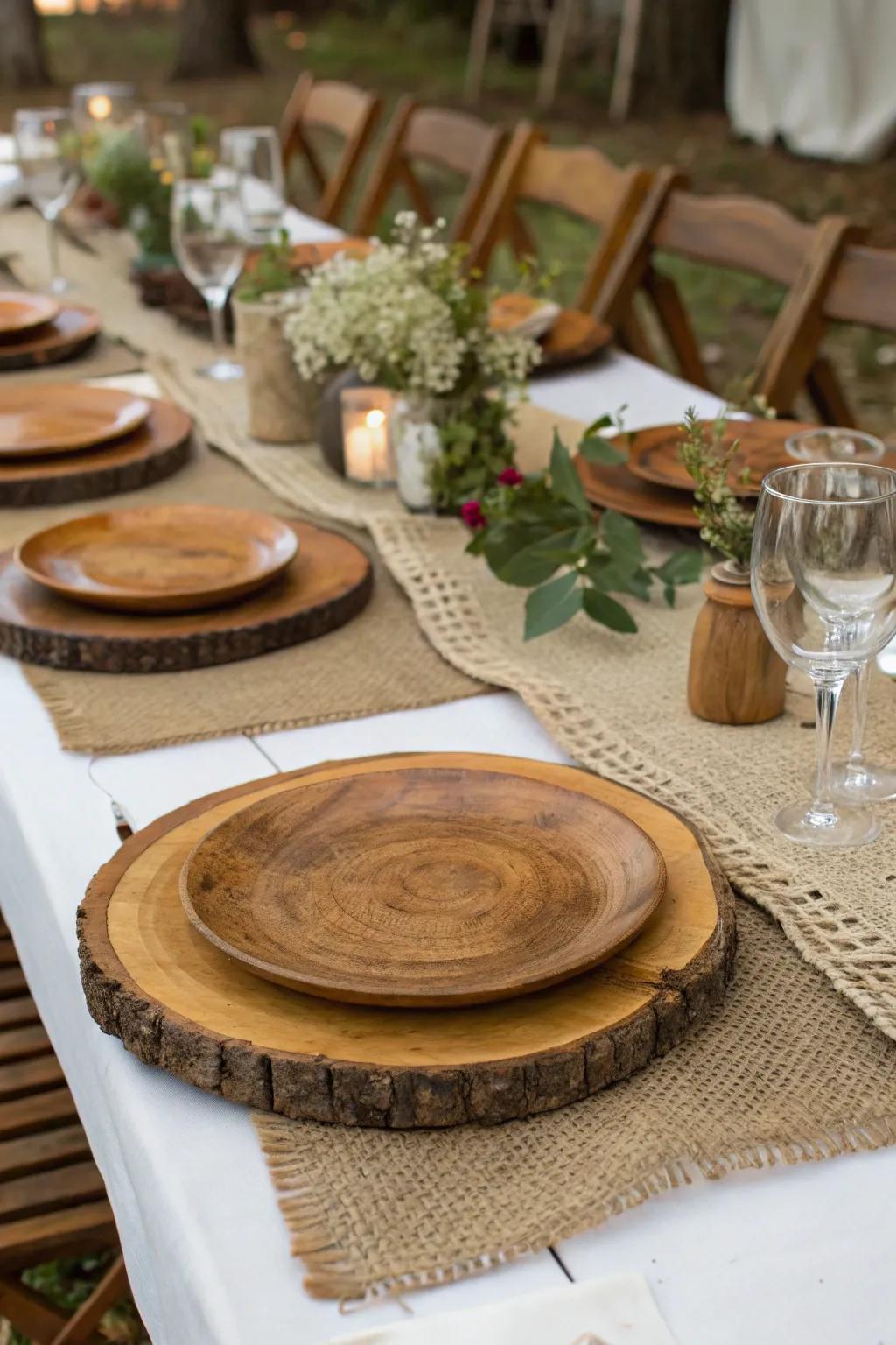A rustic table design featuring wood serving boards and tough fiber runners.