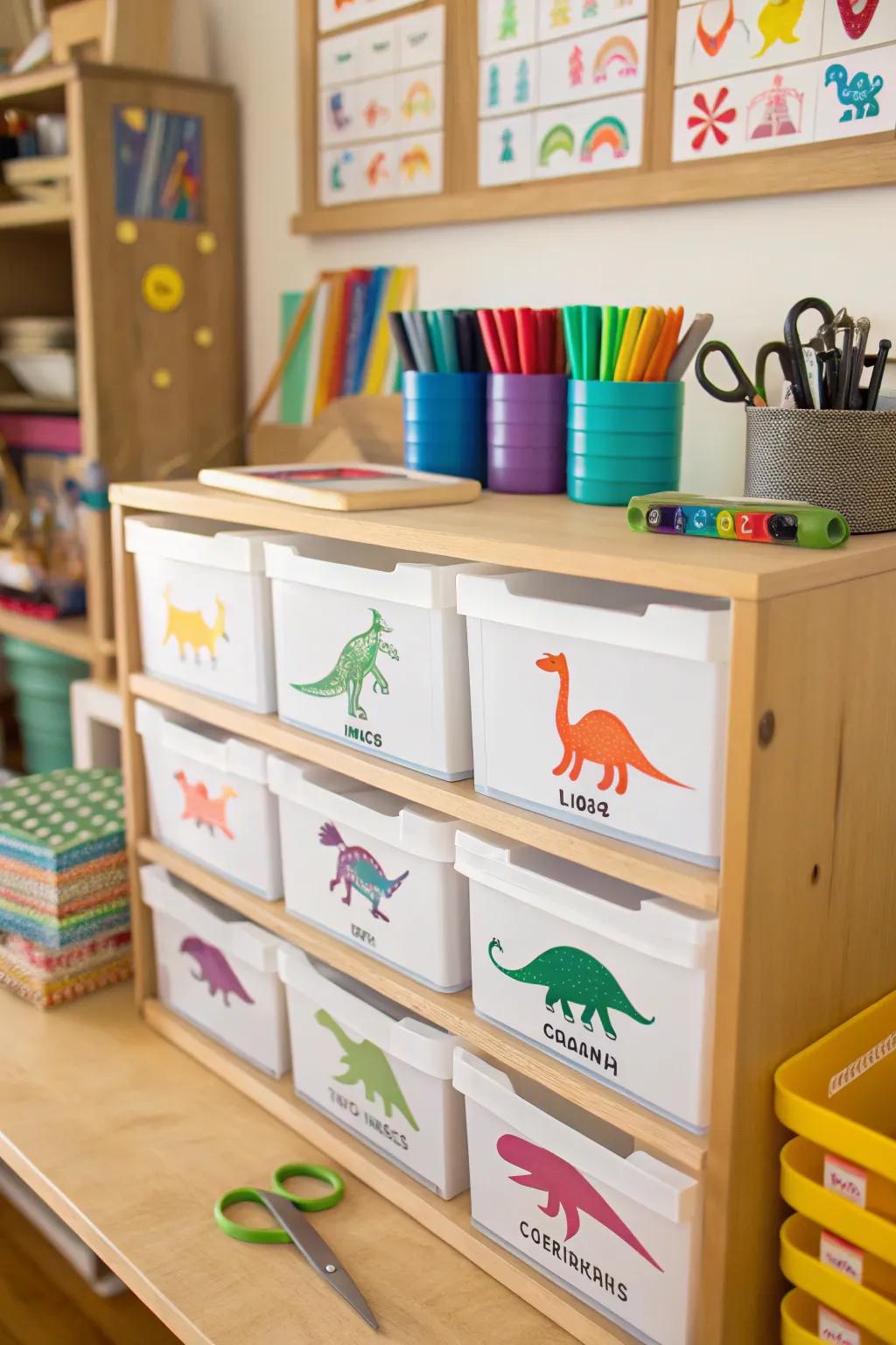 Reptile decals on drawers infusing an amusing aspect to neatness.