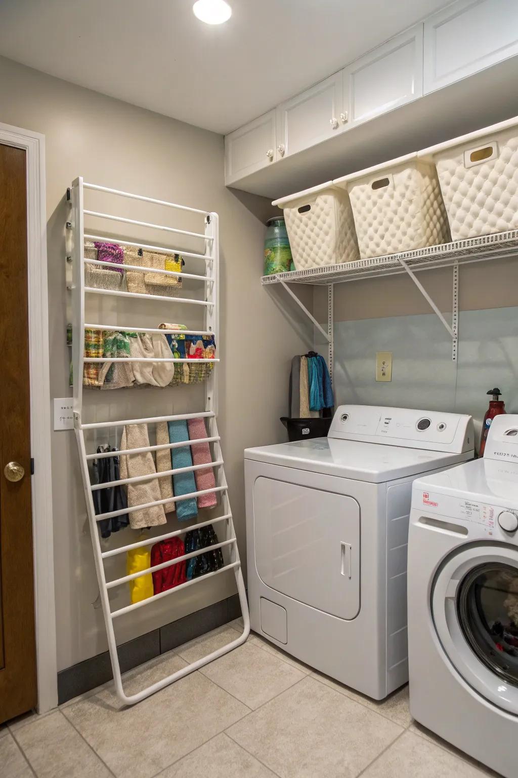 Racks that fold out provide a solution for saving area when drying clothes.