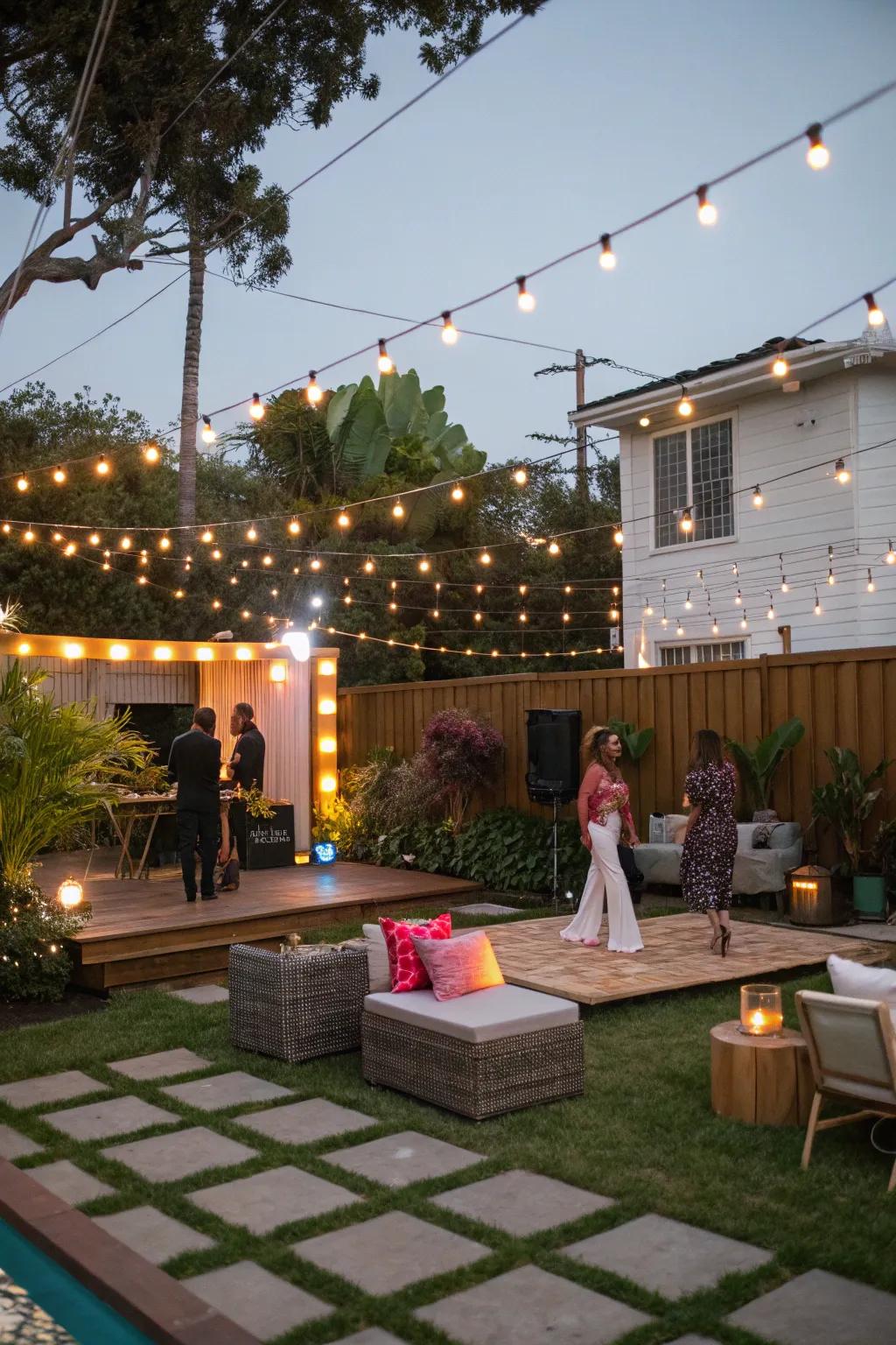 An exterior disco layout with cord illumination crafts a bewitching vibe beneath the twilight.