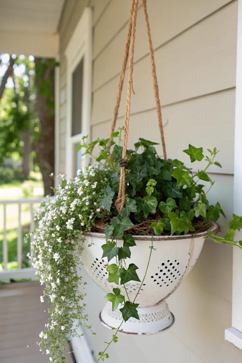 Revamp your veranda through a touch of creativeness: DIY hanging sieve planters introduce nature's elegance into minimalistic areas.