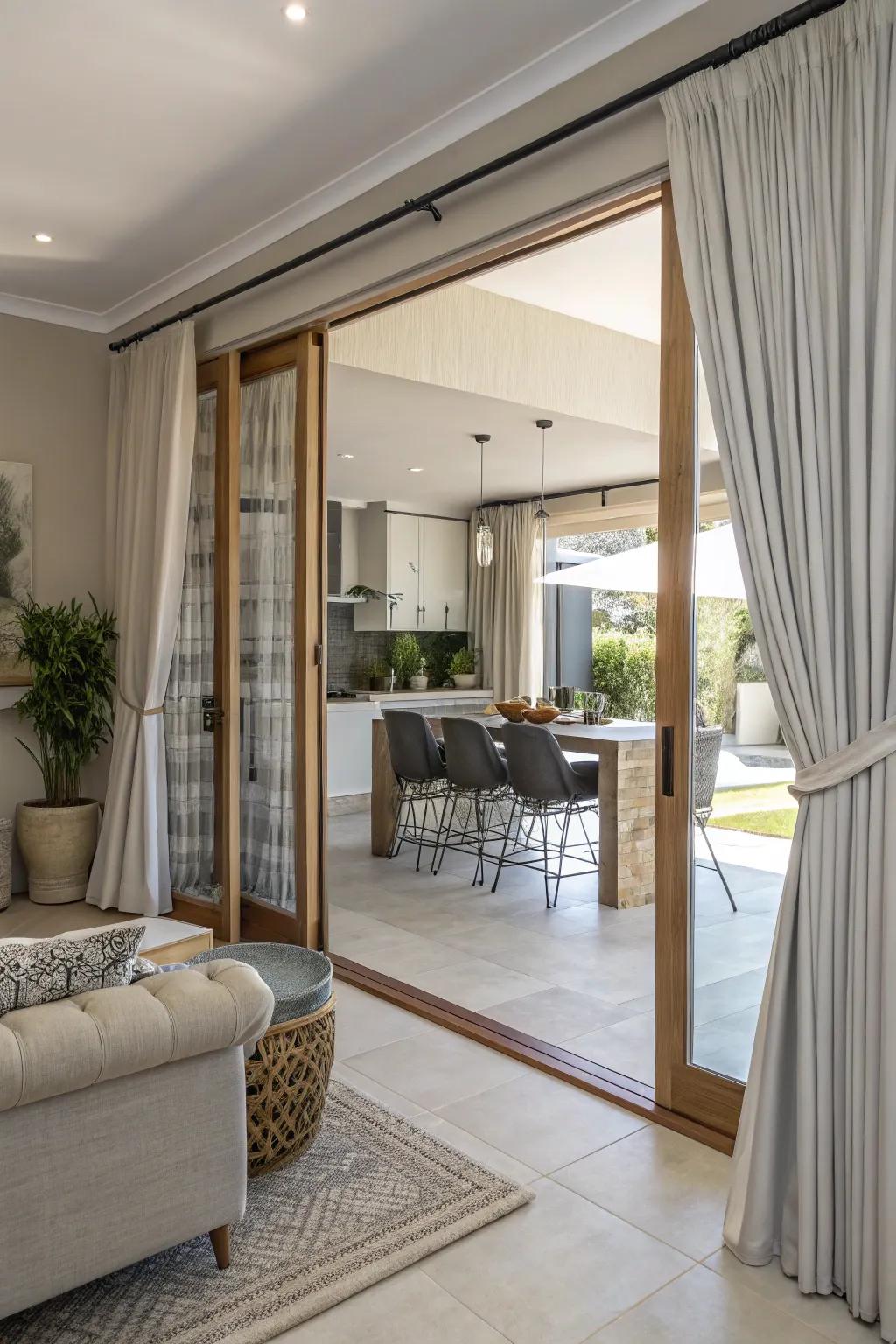 Layered curtains provide a stylish solution for sliding doors.