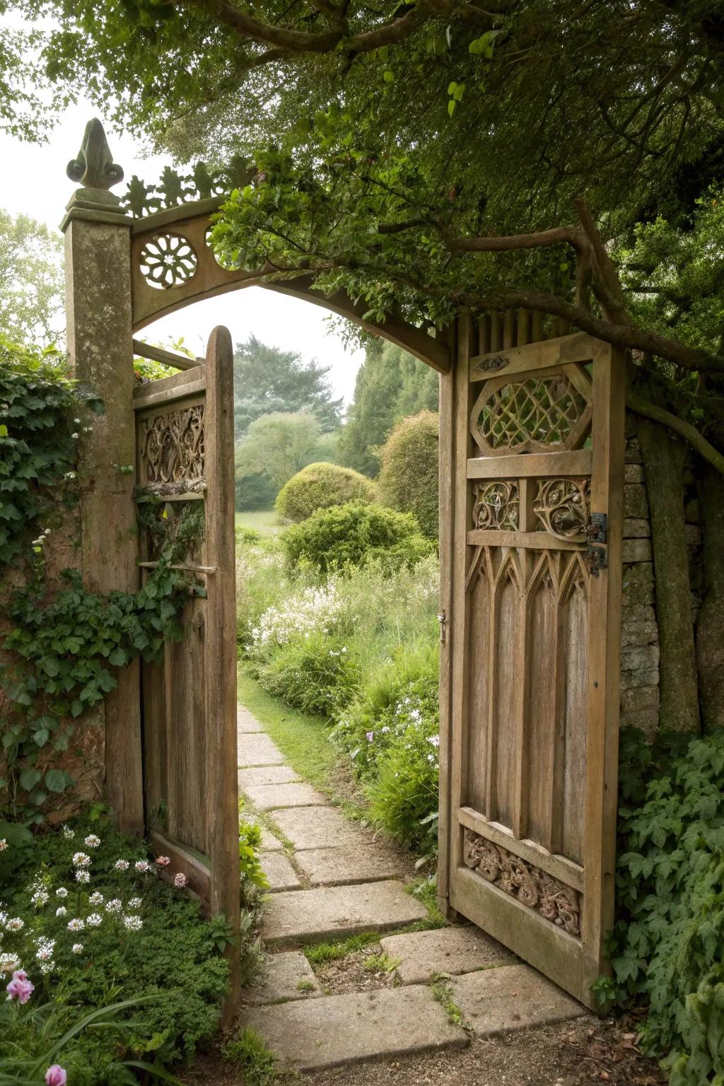 A hidden garden trail beckons exploration beyond the gate.
