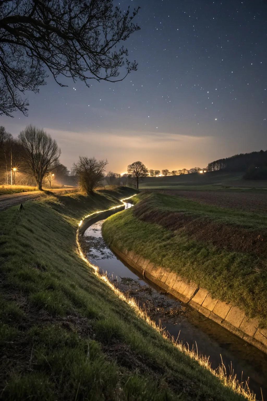 Thoughtful lighting transforms a swale into a captivating nighttime garden showpiece.