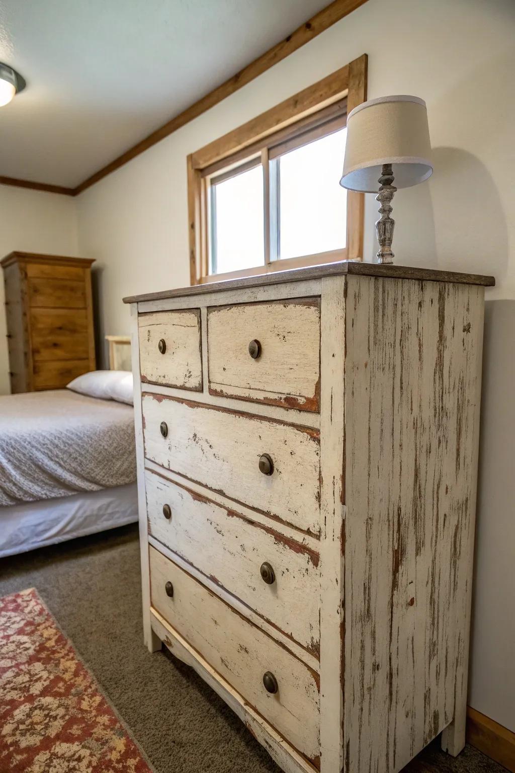 A weathered dresser adding vintage allure to a contemporary small bedroom.
