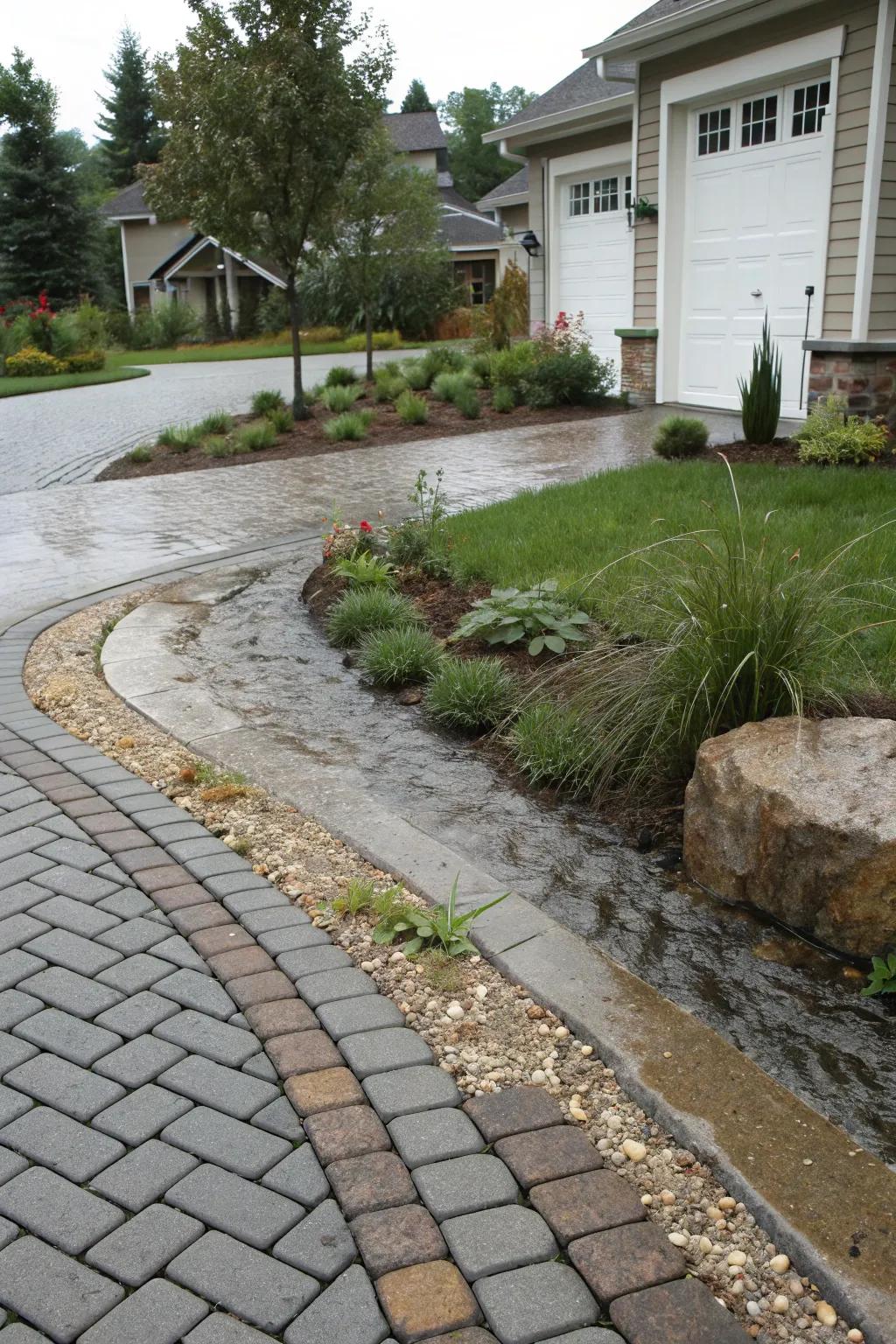 Practical pervious ground rocks that blend with the driveway.