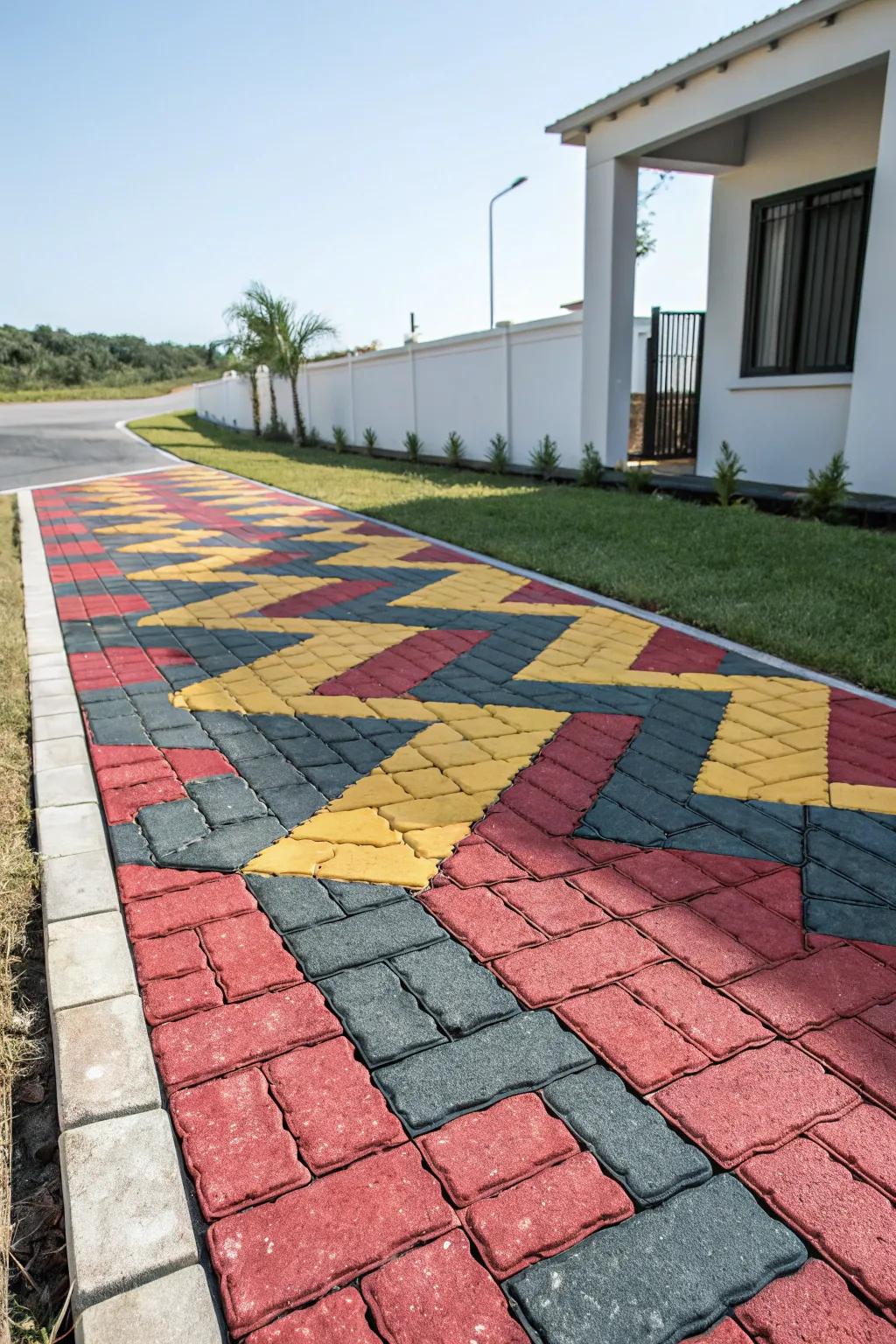 Vibrant colors fashion a dramatic and striking driveway assertion.