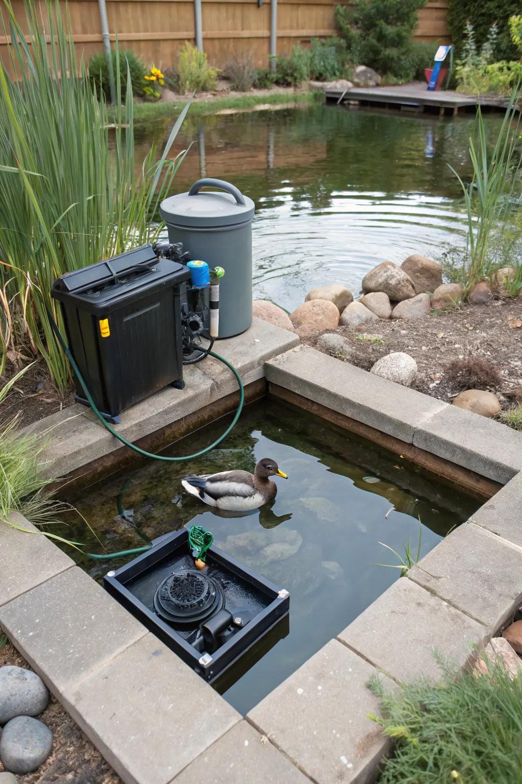 An unobtrusive filter sustains pure, beneficial pond water.