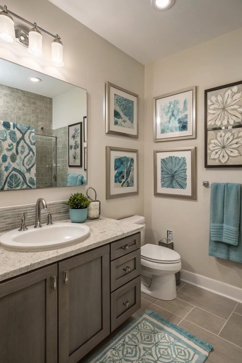Art pieces lift the sophistication of this elegant bathroom.