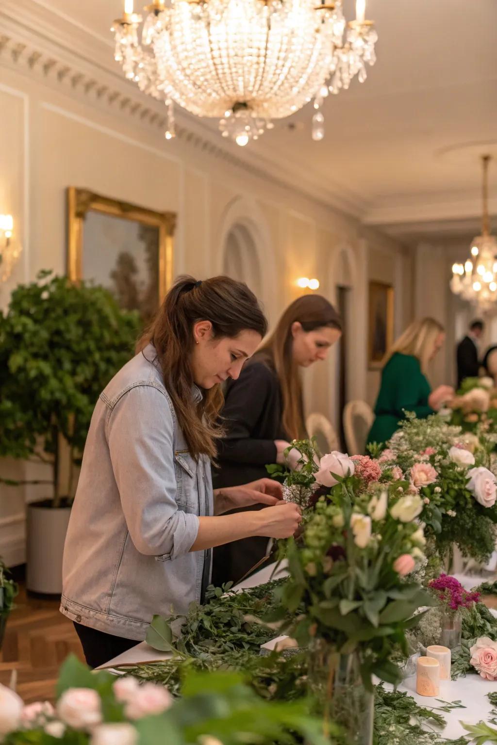 Guests creating their own floral arrangements as a keepsake.