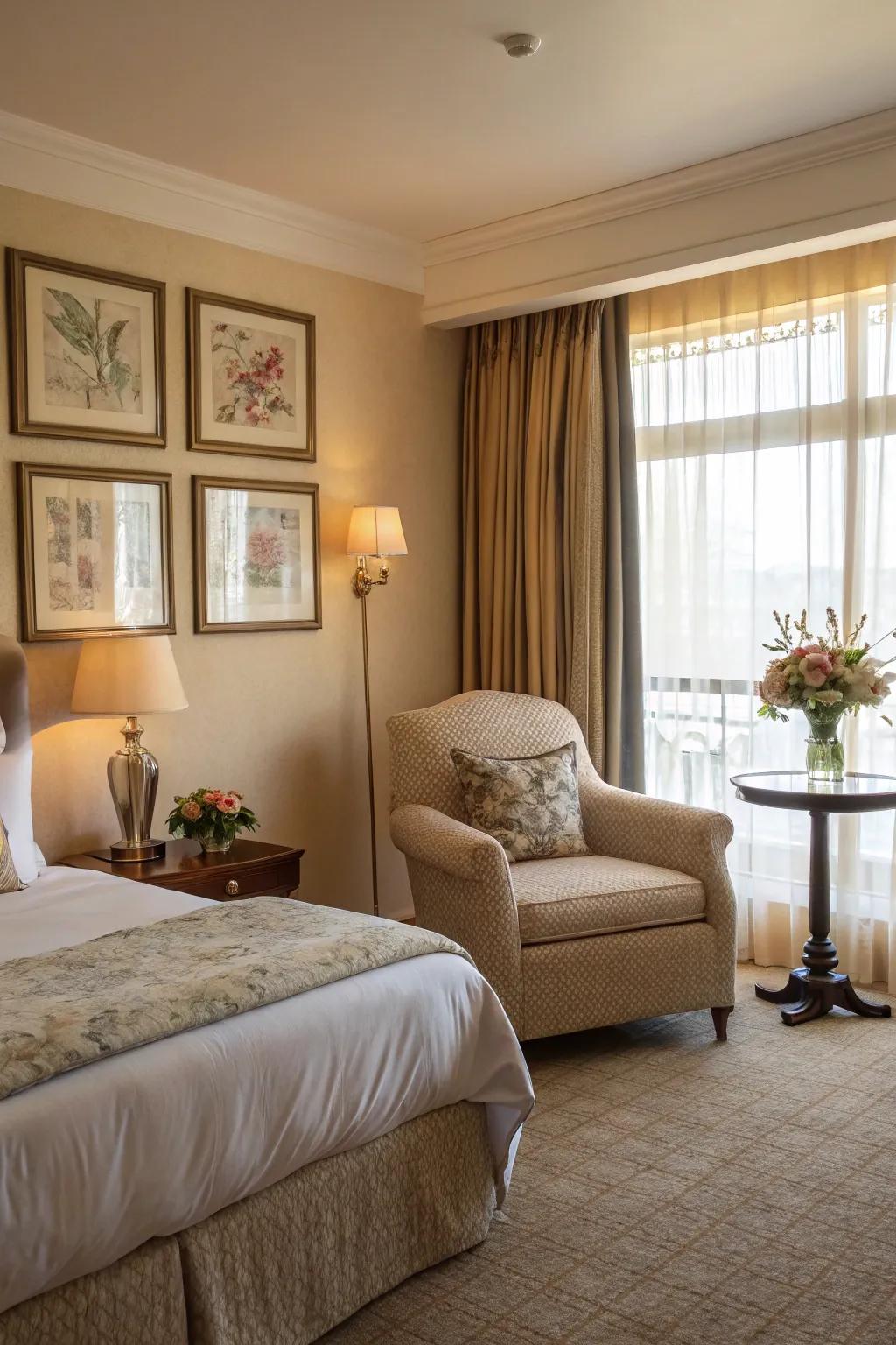 A sitting area evokes a tranquil spot for relaxation.