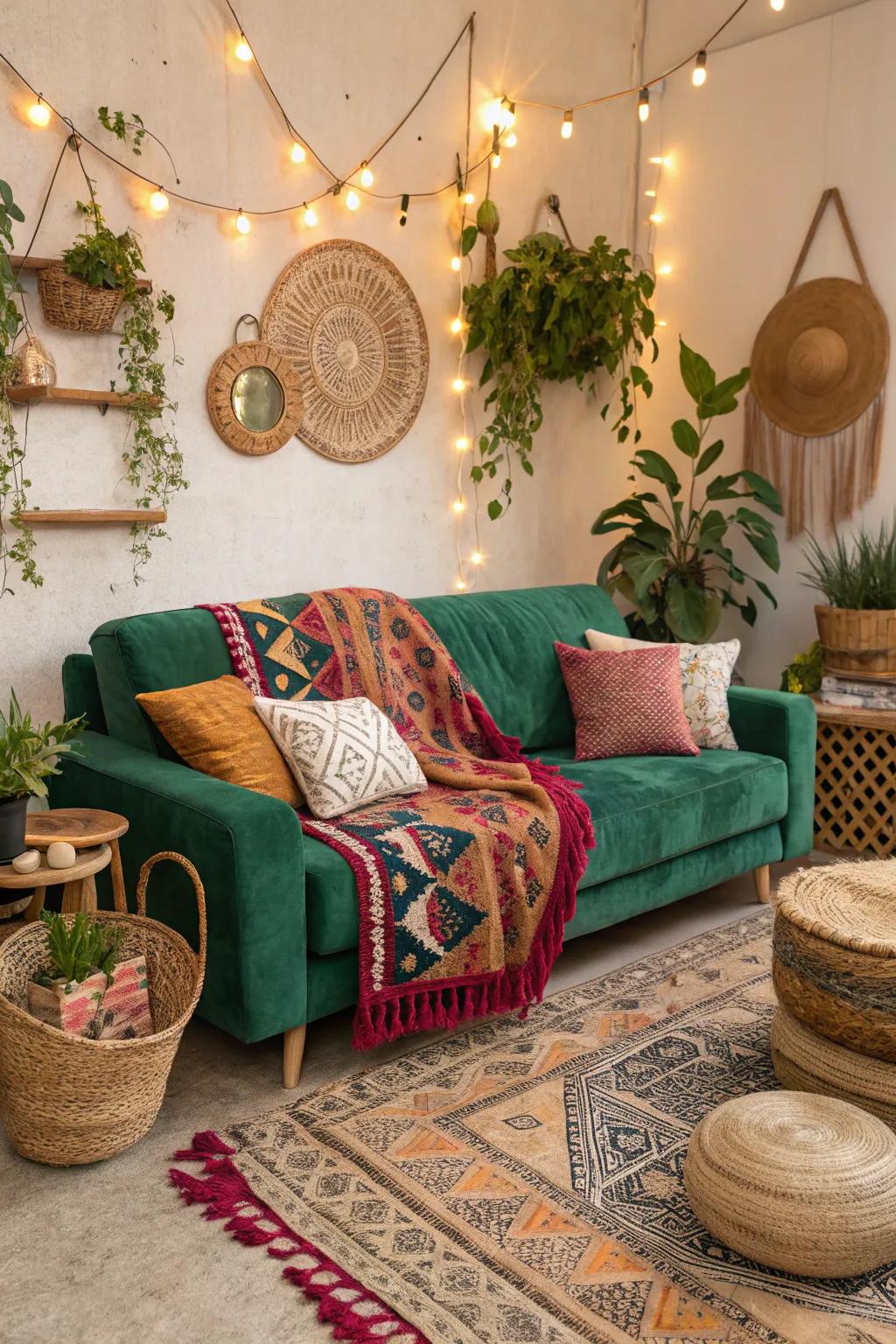 Bohemian details work well with the emerald green sofa.