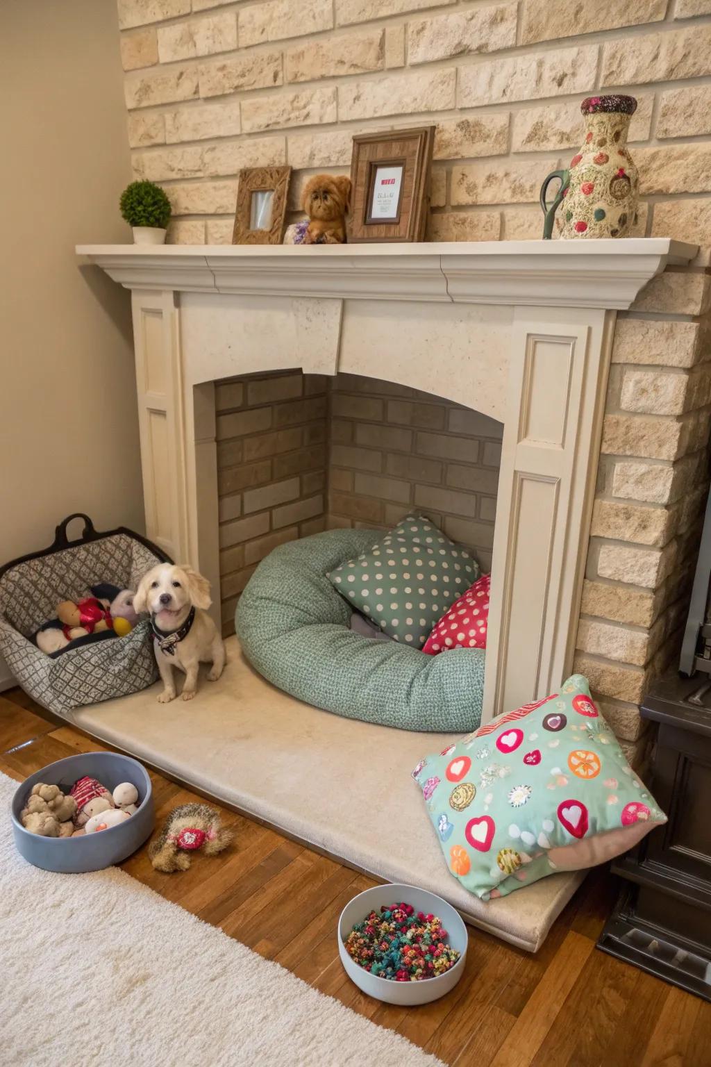 Design a cozy pet area in your fireplace.