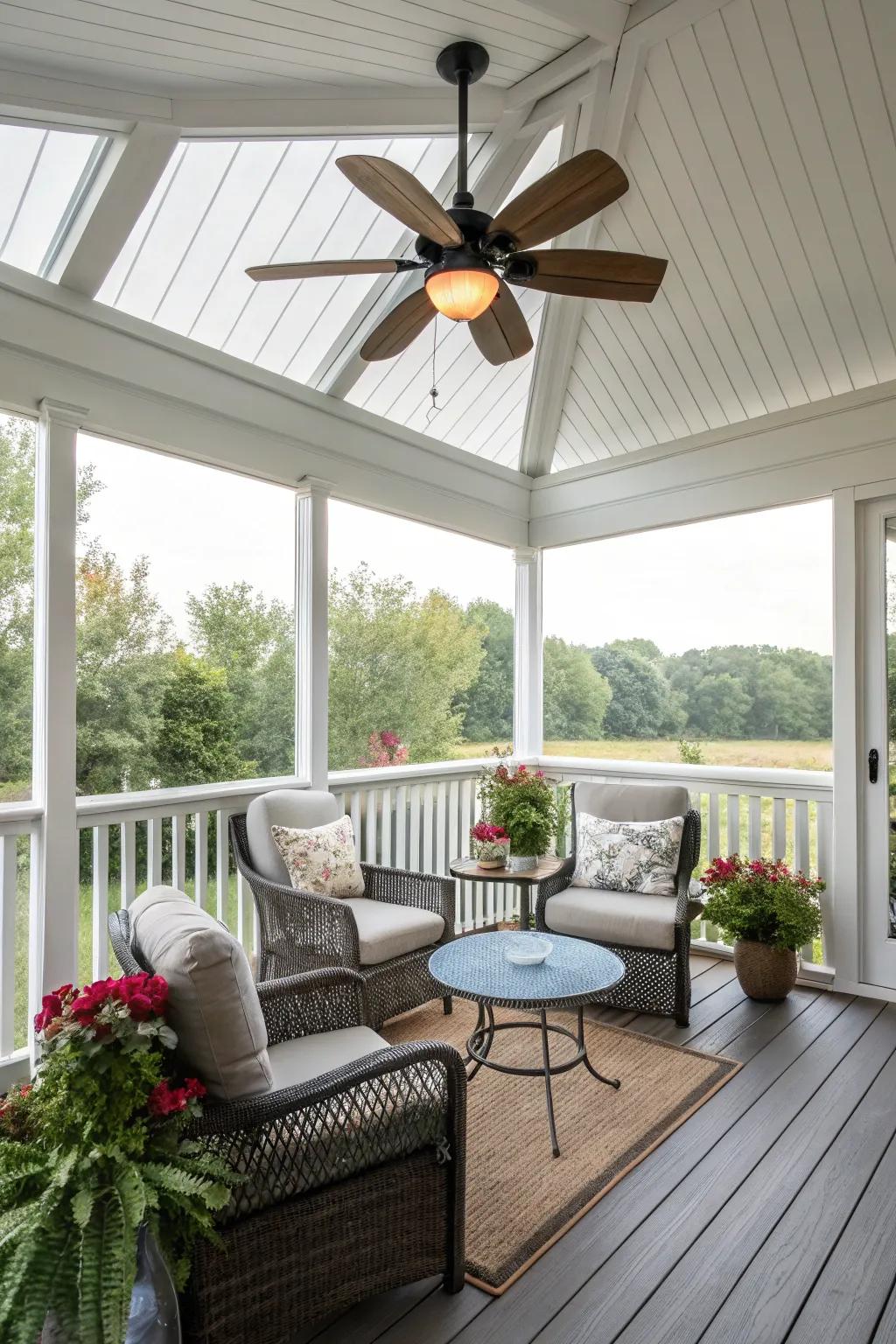 An air circulator guaranteeing comfort on a covered deck.
