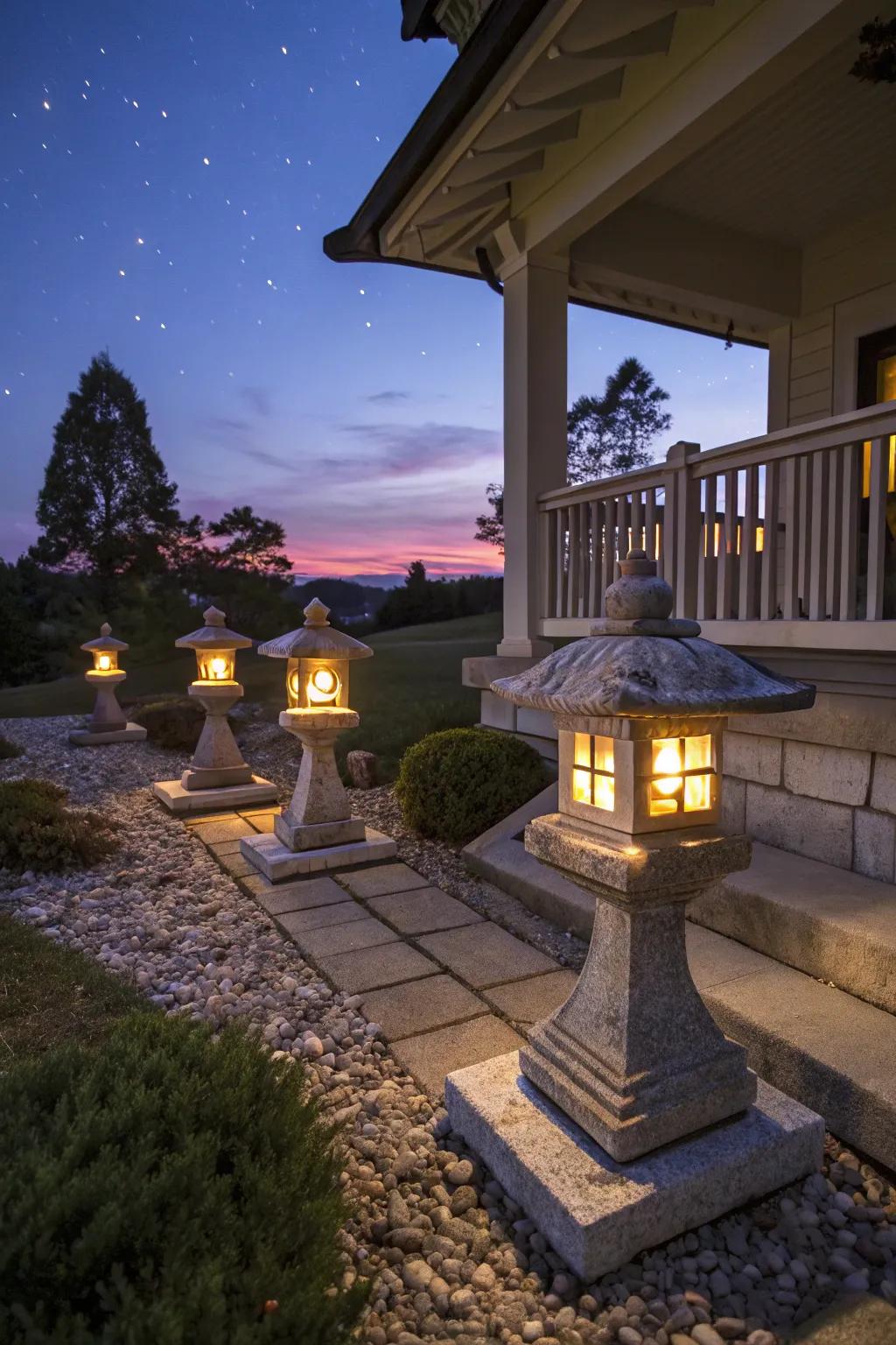 Enchanting rock torches that contribute illumination and allure to the porch.