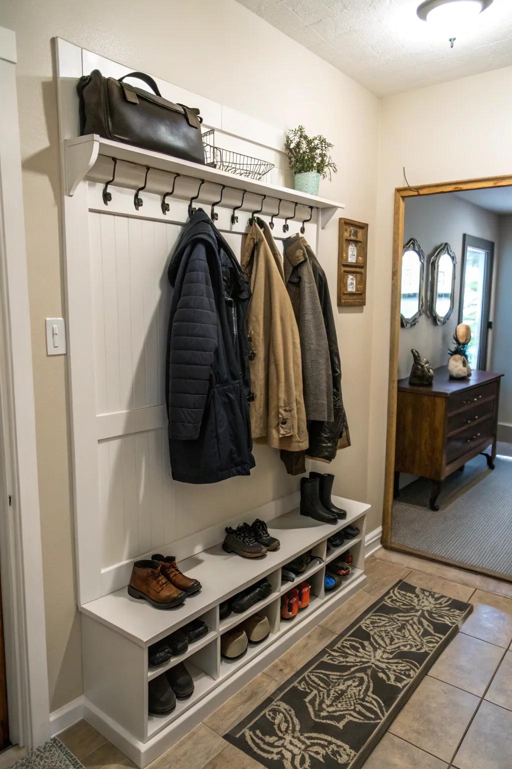 Combine stowing needs with an integrated rack for footwear and outerwear.