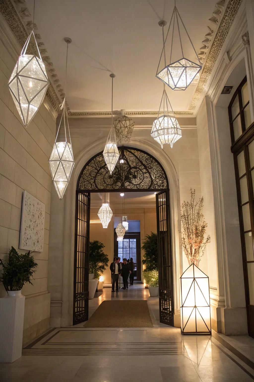 An artistic lighting installation creates a striking focal point in this entryway.