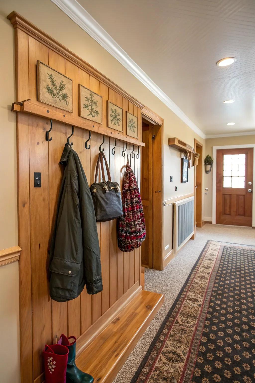 Incorporated hanging accessories deliver design and practicality within the entryway.