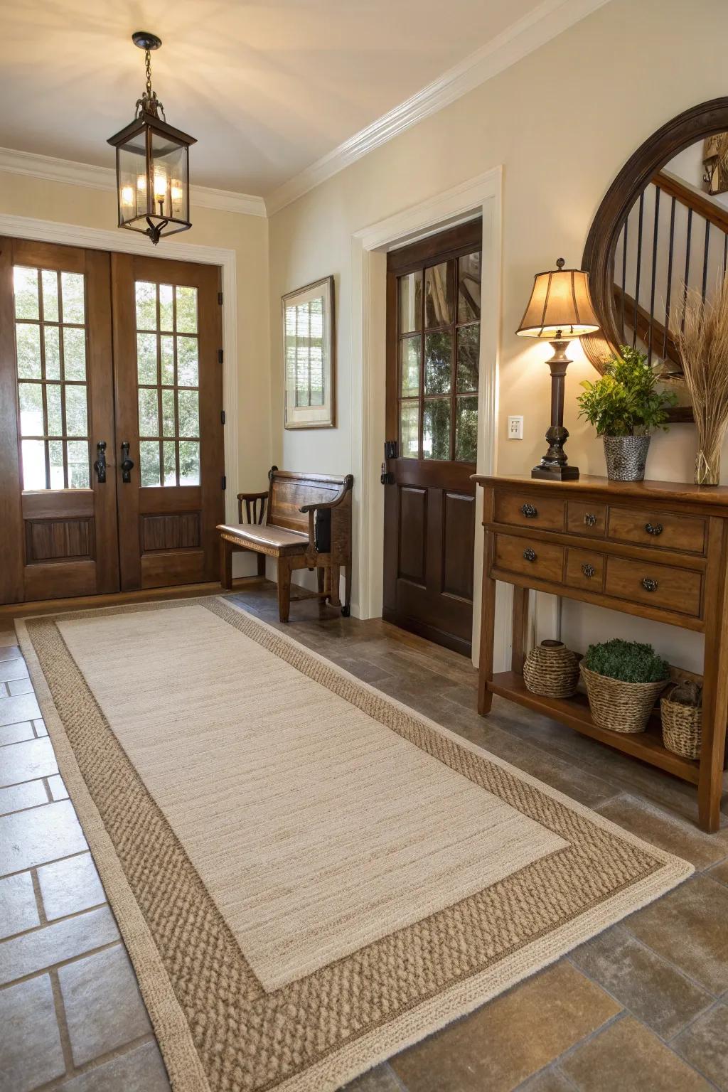 Neutral rugs furnish a tranquil and adaptable backdrop in entryways.