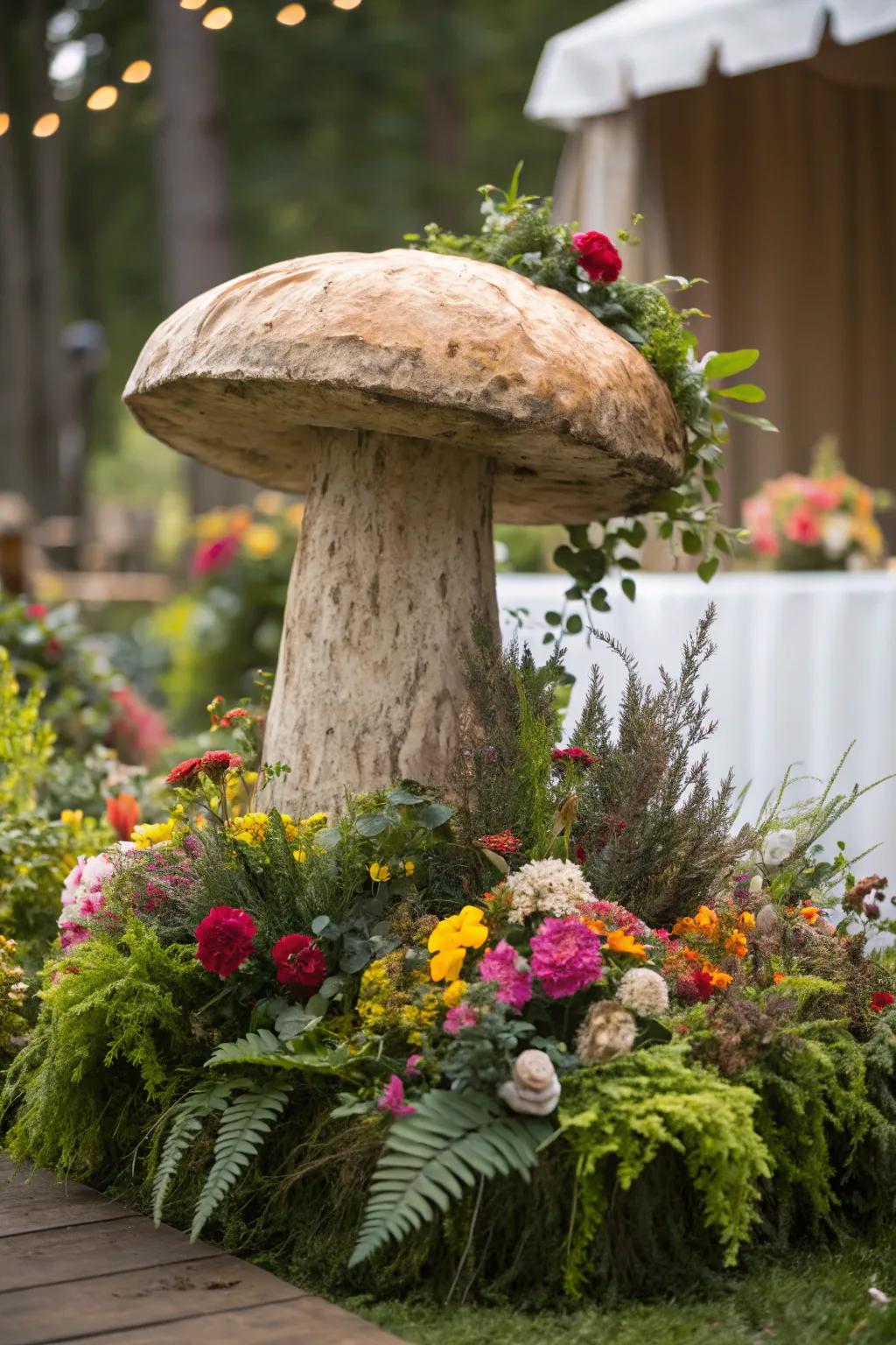 A mushroom centerpiece fashions a whimsical focal point.