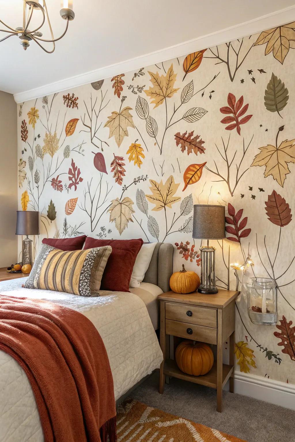 A feature wall adds a bold statement to your fall bedroom.