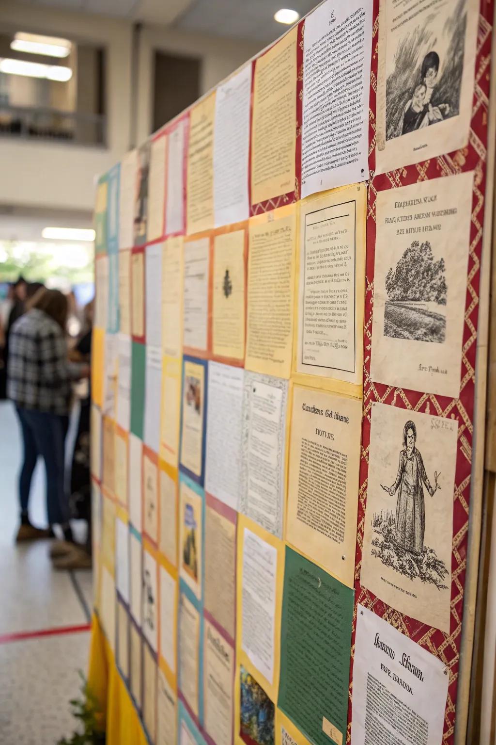 A comfortable quilt design inspired visual board that makes use of pages from various stories.