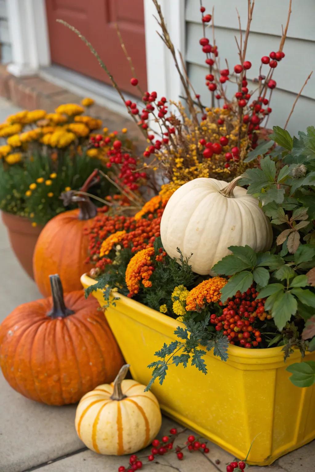 Autumnal drupes furnish a lively contrast to squash displays.