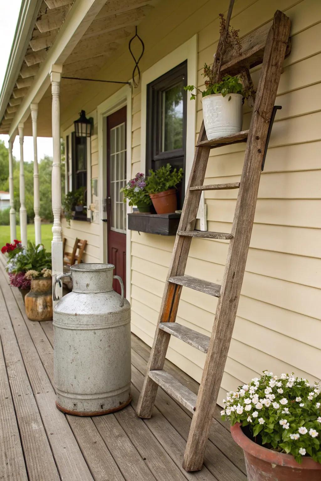 Vintage finds like milk canisters add unique character to your porch.
