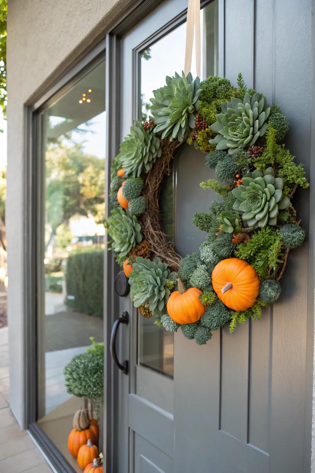 Fat plants and gourds fashion a contemporary and invigorated fall wreath.