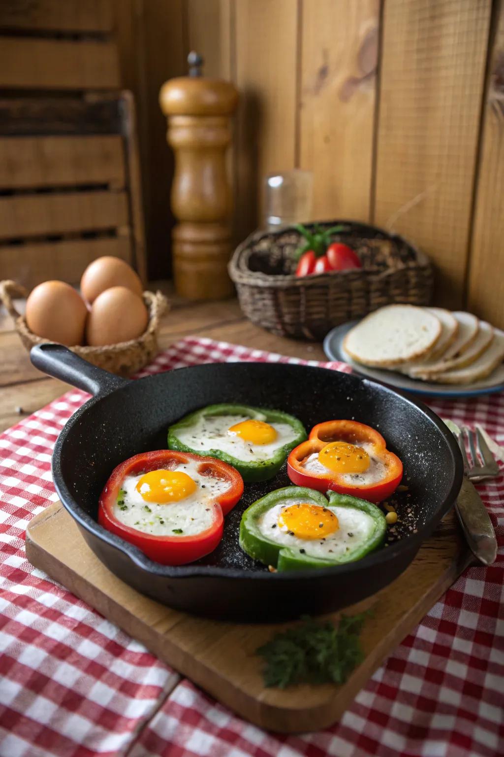 Eggs in pepper rings provide a colorful and healthy choice.