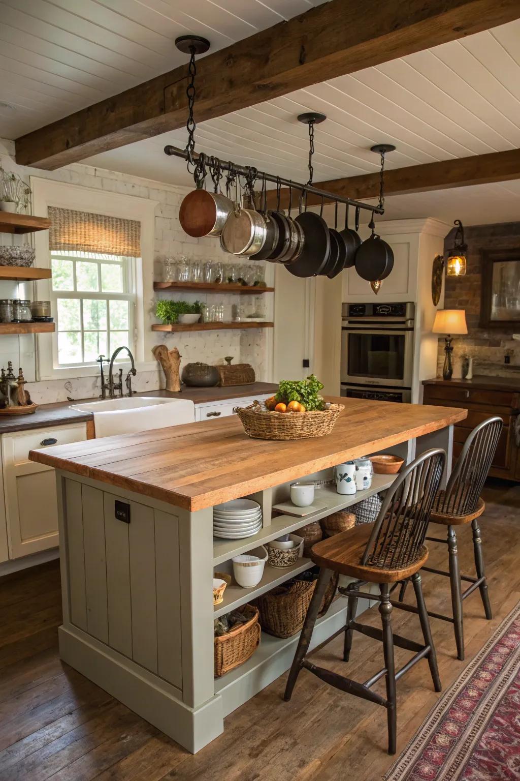 Butcher block islands are practical and charming, perfect for heavy-duty prep.