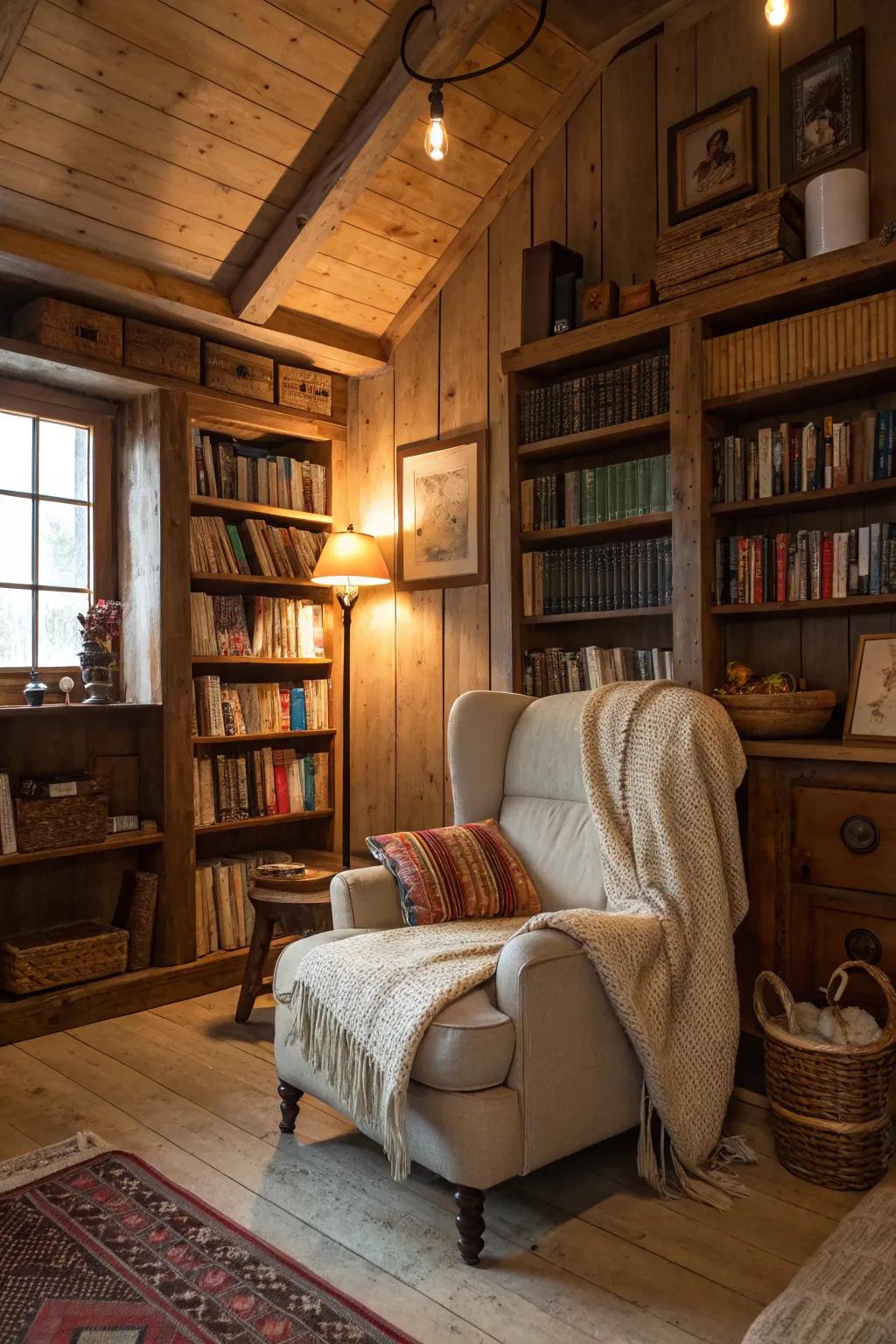 A comfortable armchair in a cozy corner encourages rest and reading.