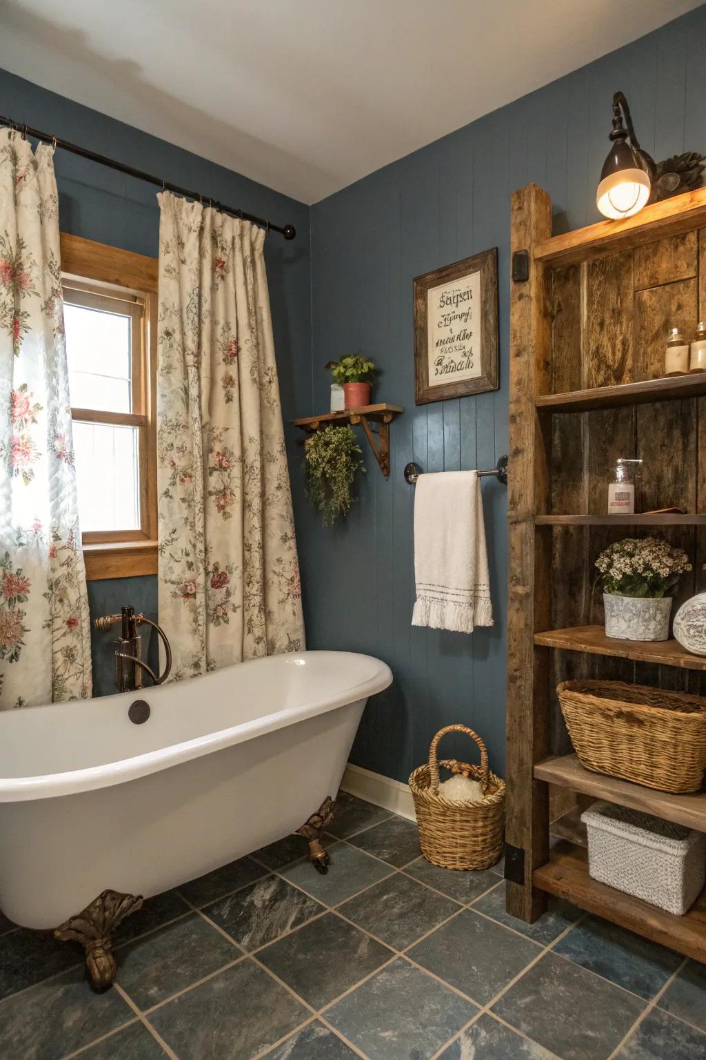 Slate blue walls provide a relaxing base in this bathroom.