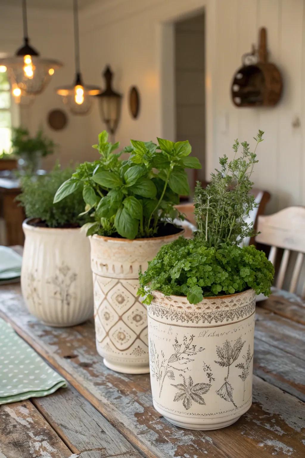 Antiquated earthenware filled with herbs introduce a revitalizing, organic aroma to your table.