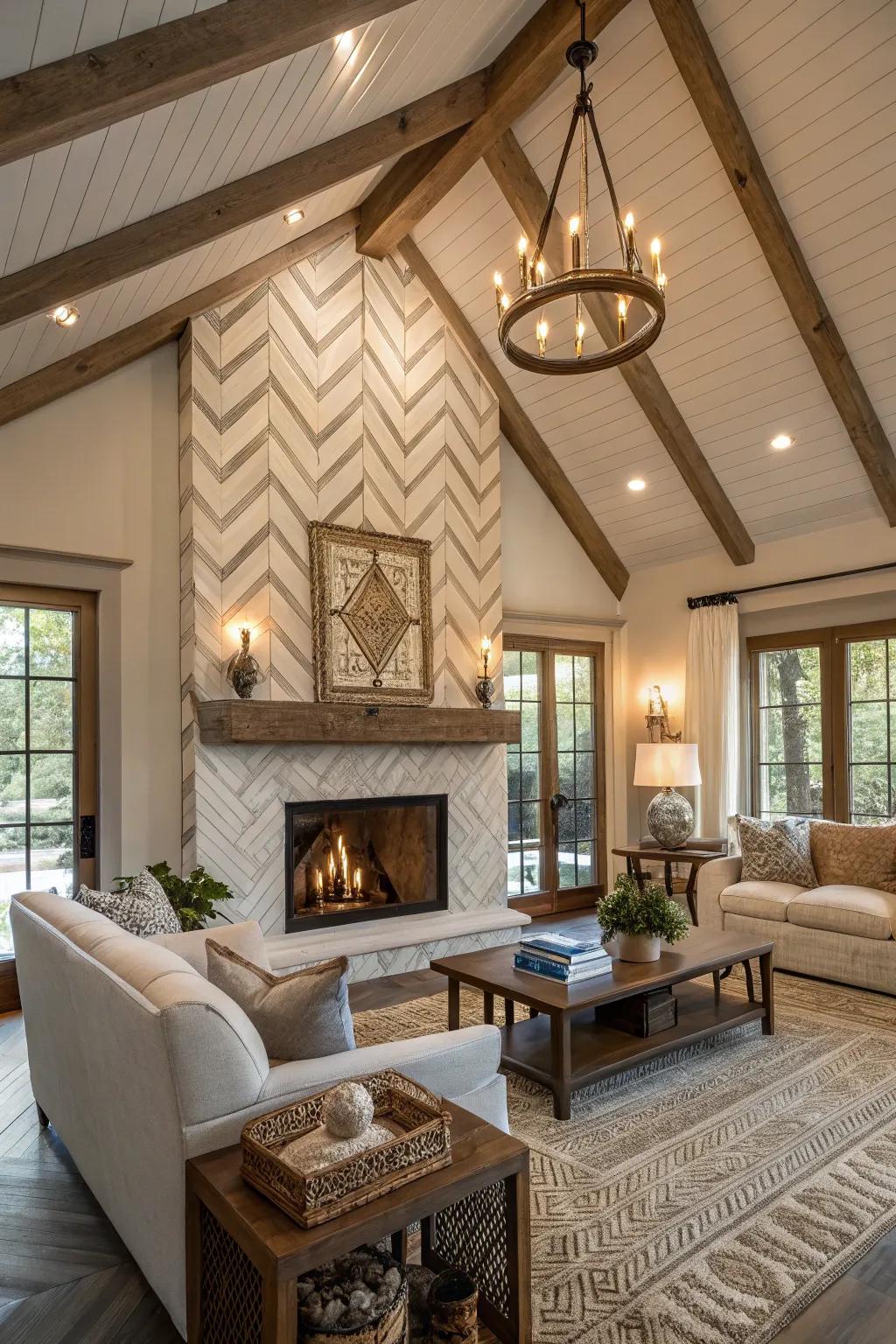 A herringbone-patterned fireplace adding elegance to a living room.