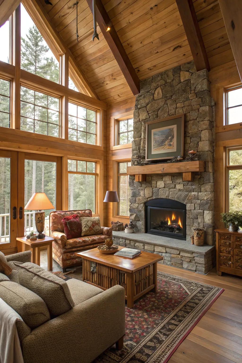 Wooden accents bring rustic charm to this bright living space.