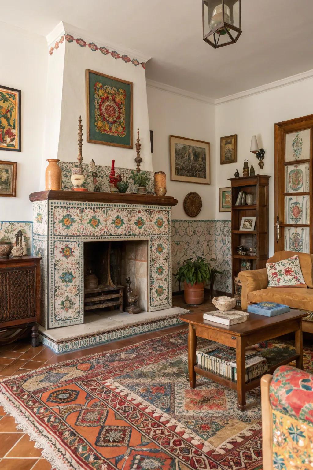 An eclectic living space showcasing a fireplace ornamented with vintage and cultural décor.