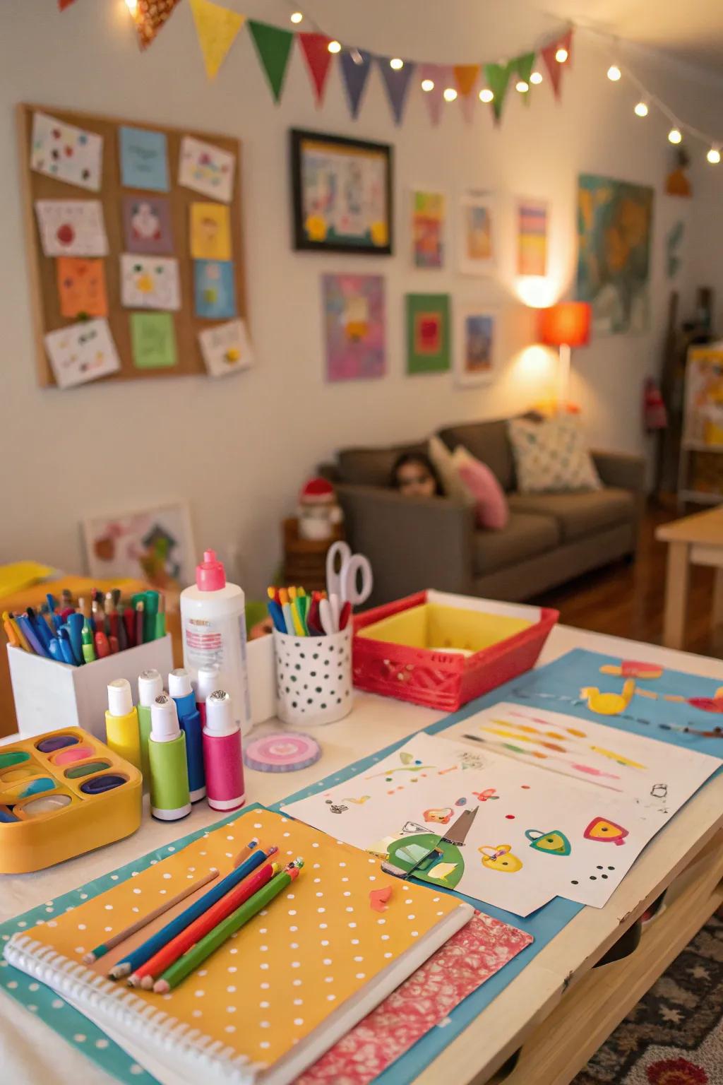An artistic corner provides young attendees a spot to create their own art pieces.