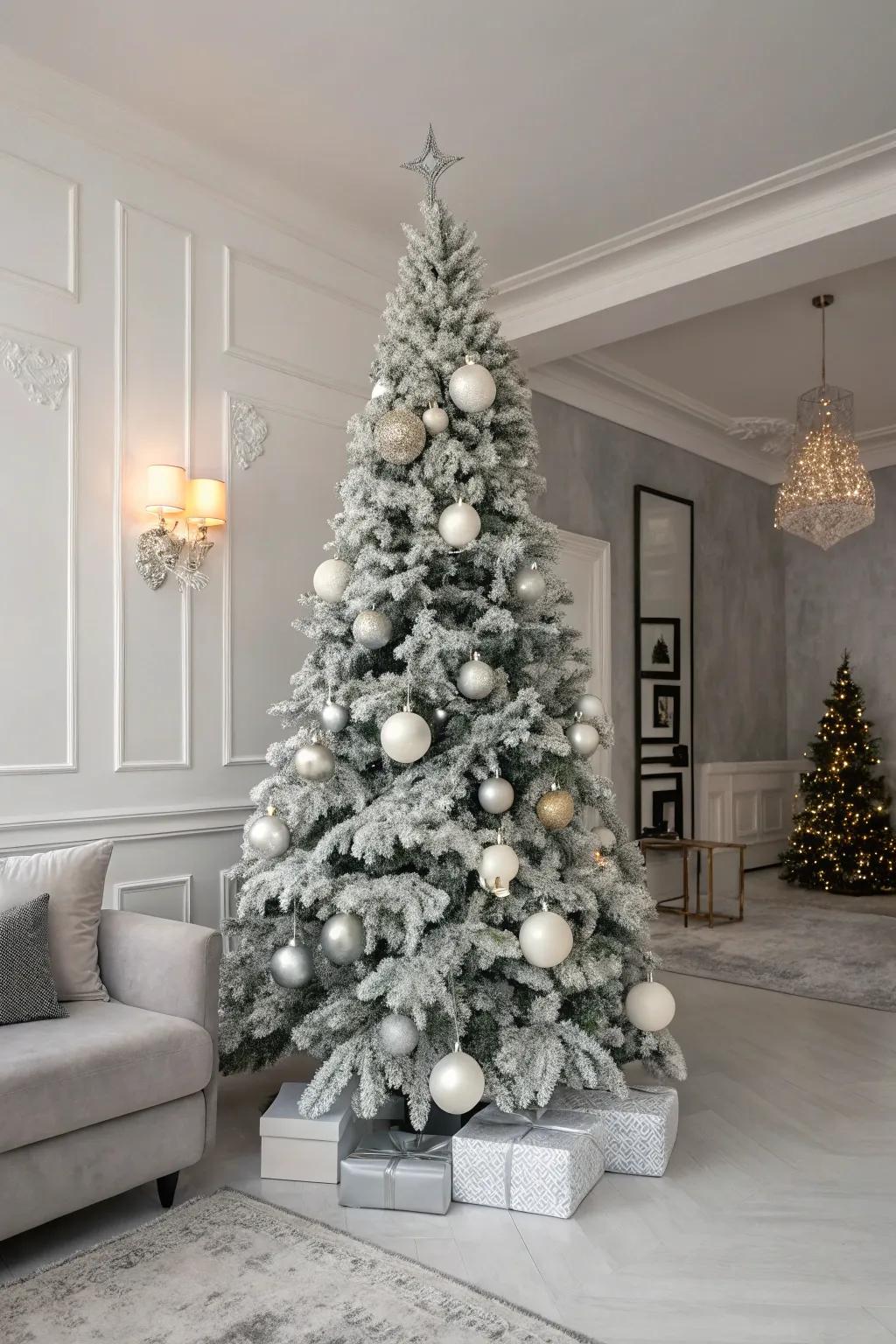 A flocked Christmas tree with a contemporary monochrome theme.