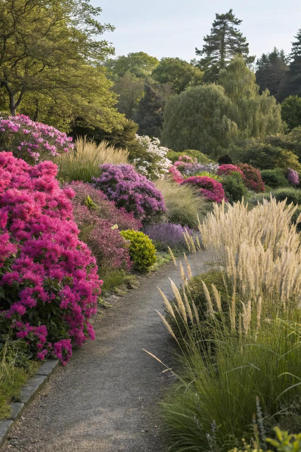 Add texture with azaleas and contrasting plants.