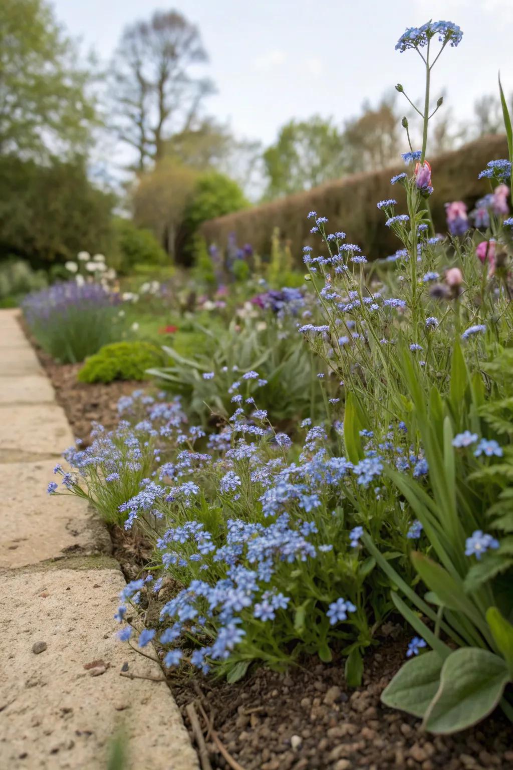 Synergistic planting with forget-me-nots cultivates a harmonious garden.