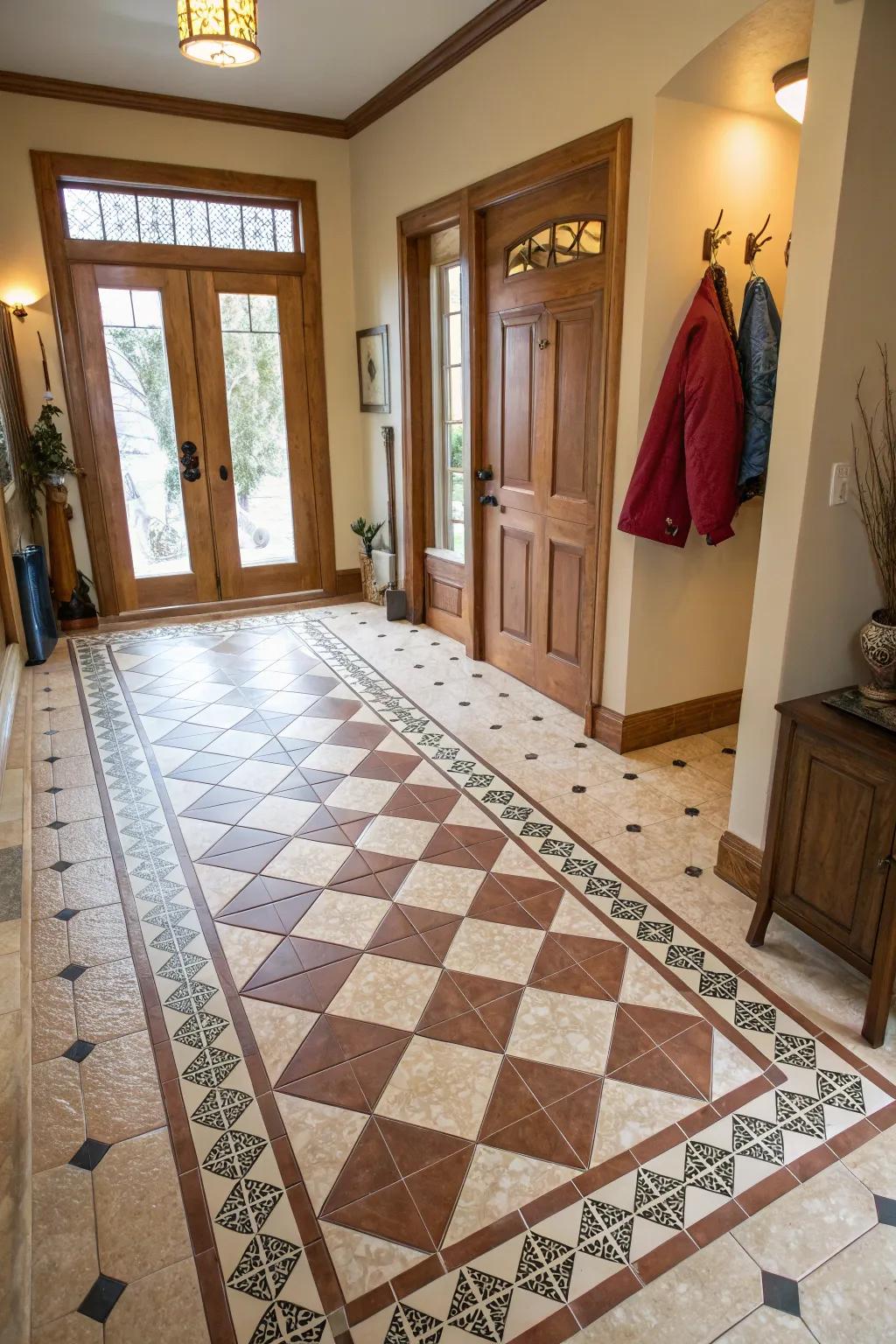 Two-tone tiles create an intriguing and stylish entryway floor.