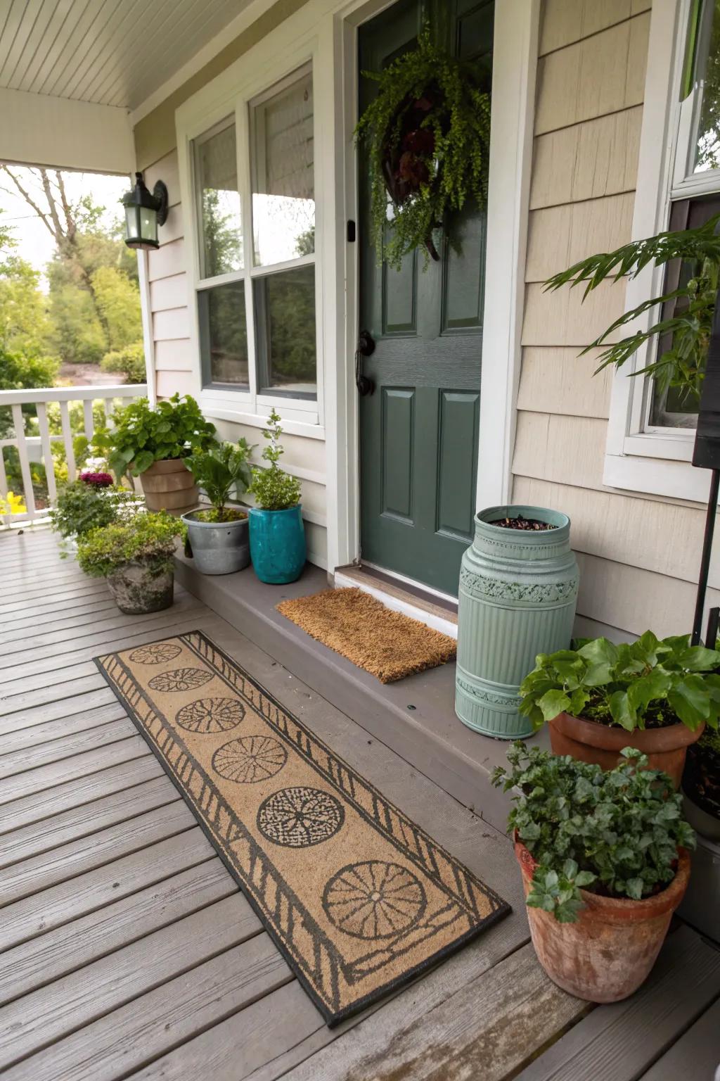 An eco-friendly doormat made from recycled materials.