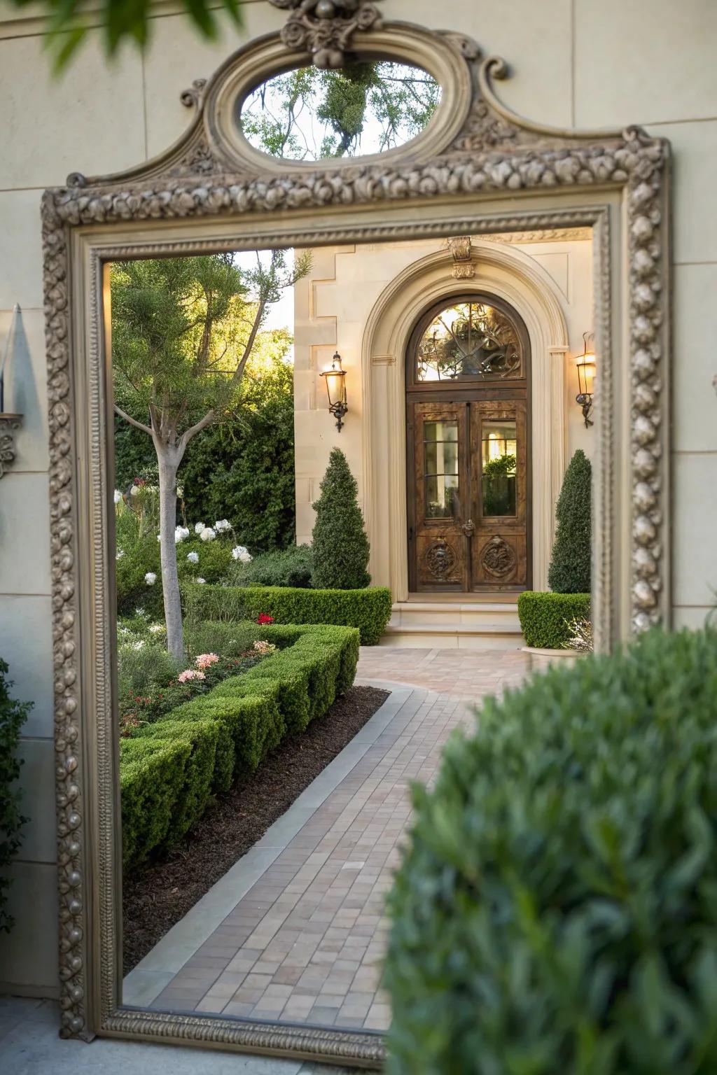 A decorative mirror that adds depth to the doorway.