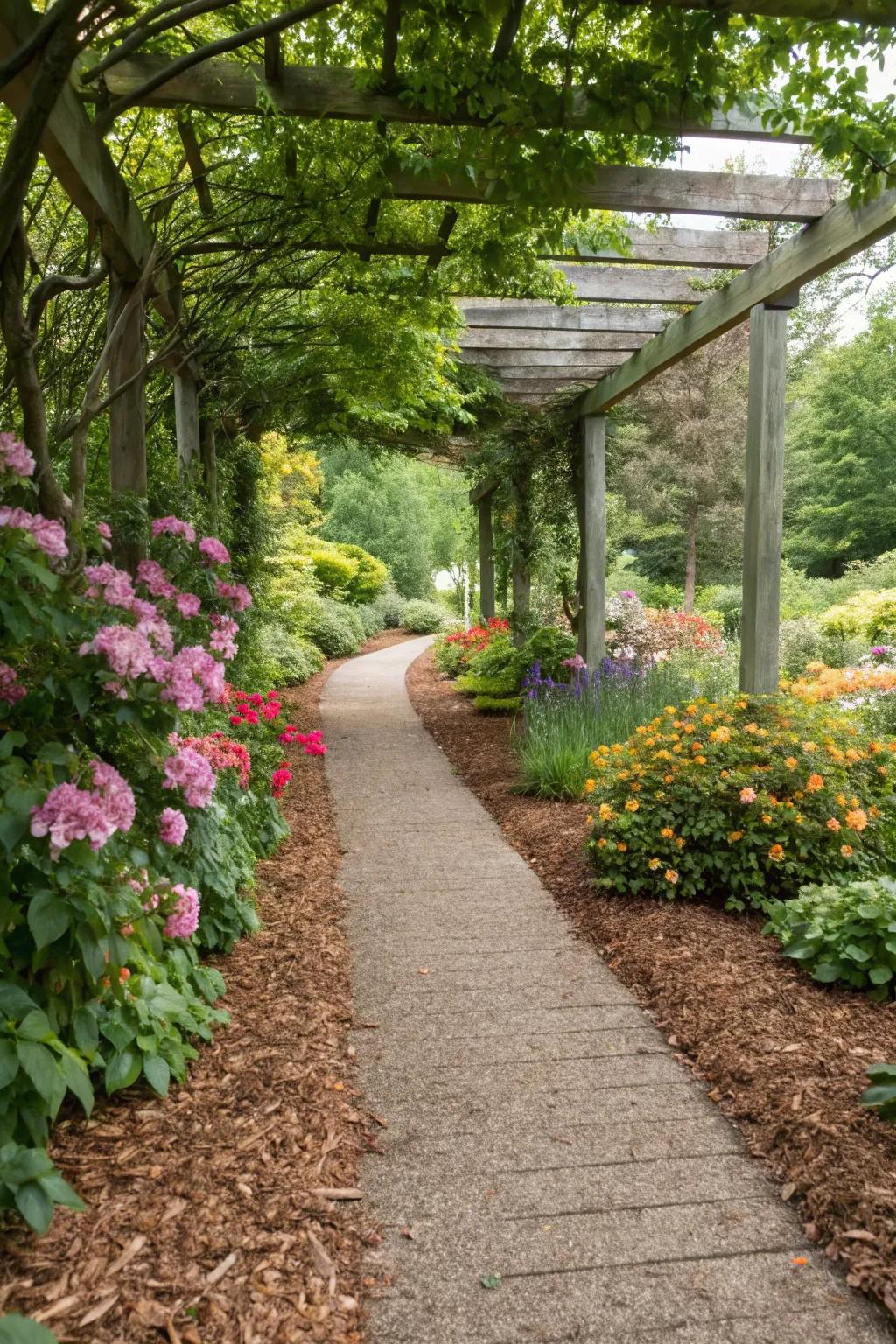 Mulched pathways impart a soft, natural feel to entrances.