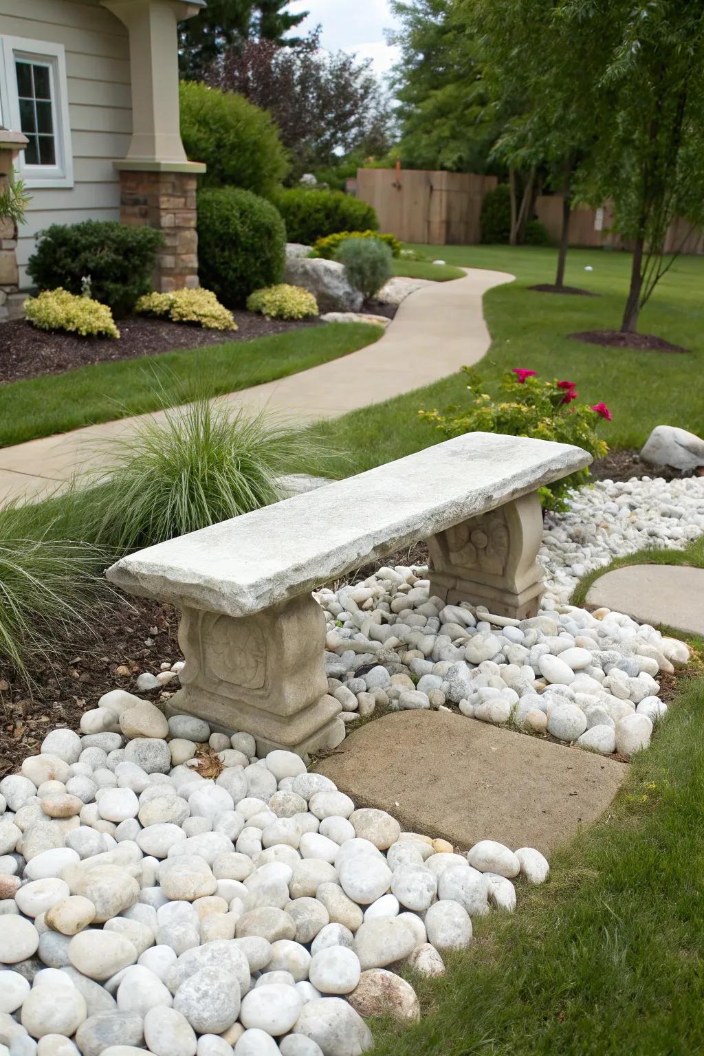 Unwind on an innate stone bench amidst alabaster stones.