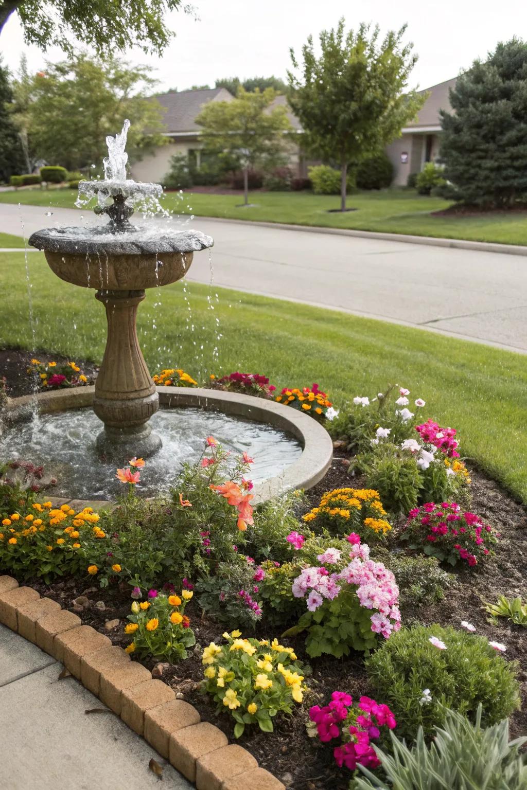 Infuse tranquility with a water feature in your flower beds.