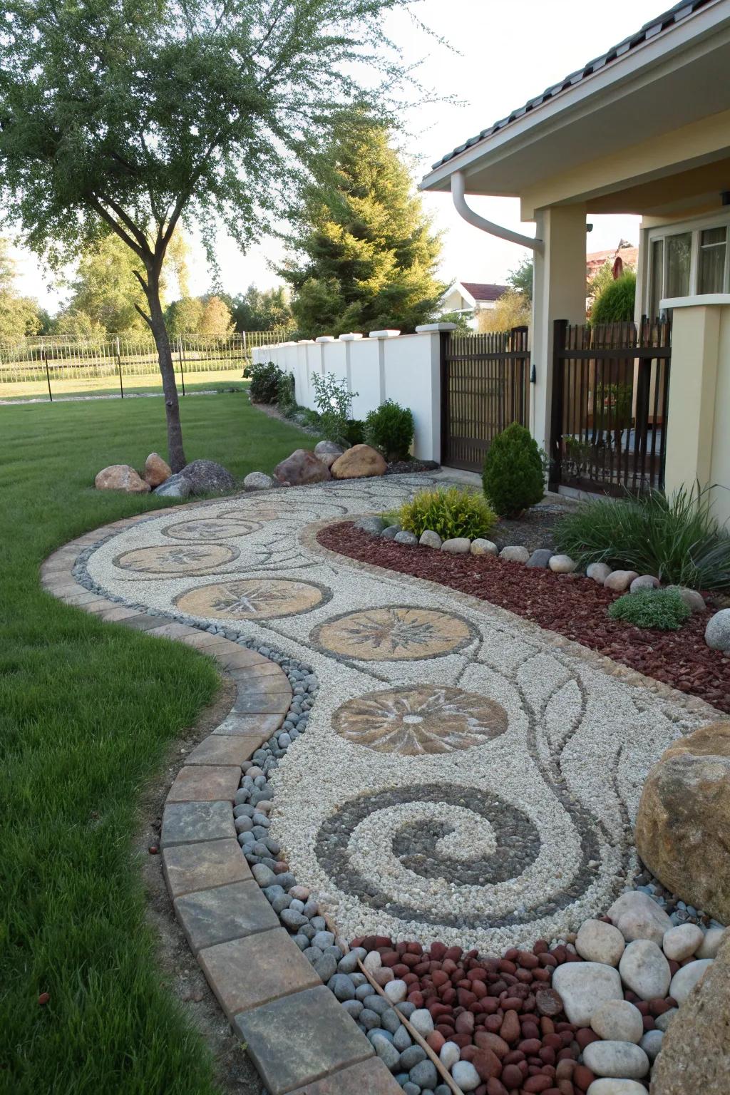 Inventive gravel designs contribute a creative nuance to the landscape.