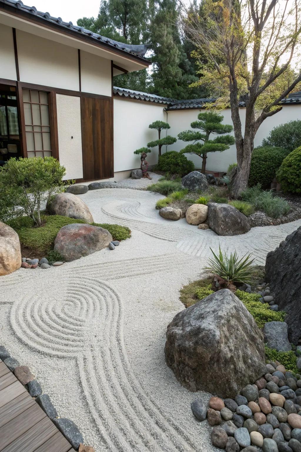 A Zen garden offers tranquility and beauty.