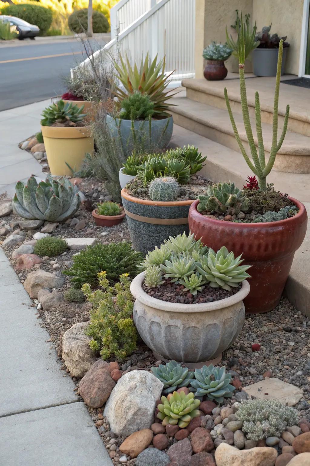 Potted succulents provide versatility and charm in xeriscape spaces.